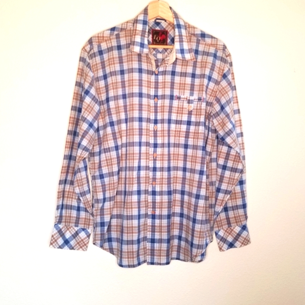 EQ button front blue tan plaid lightweight cotton equestrian western shirt L